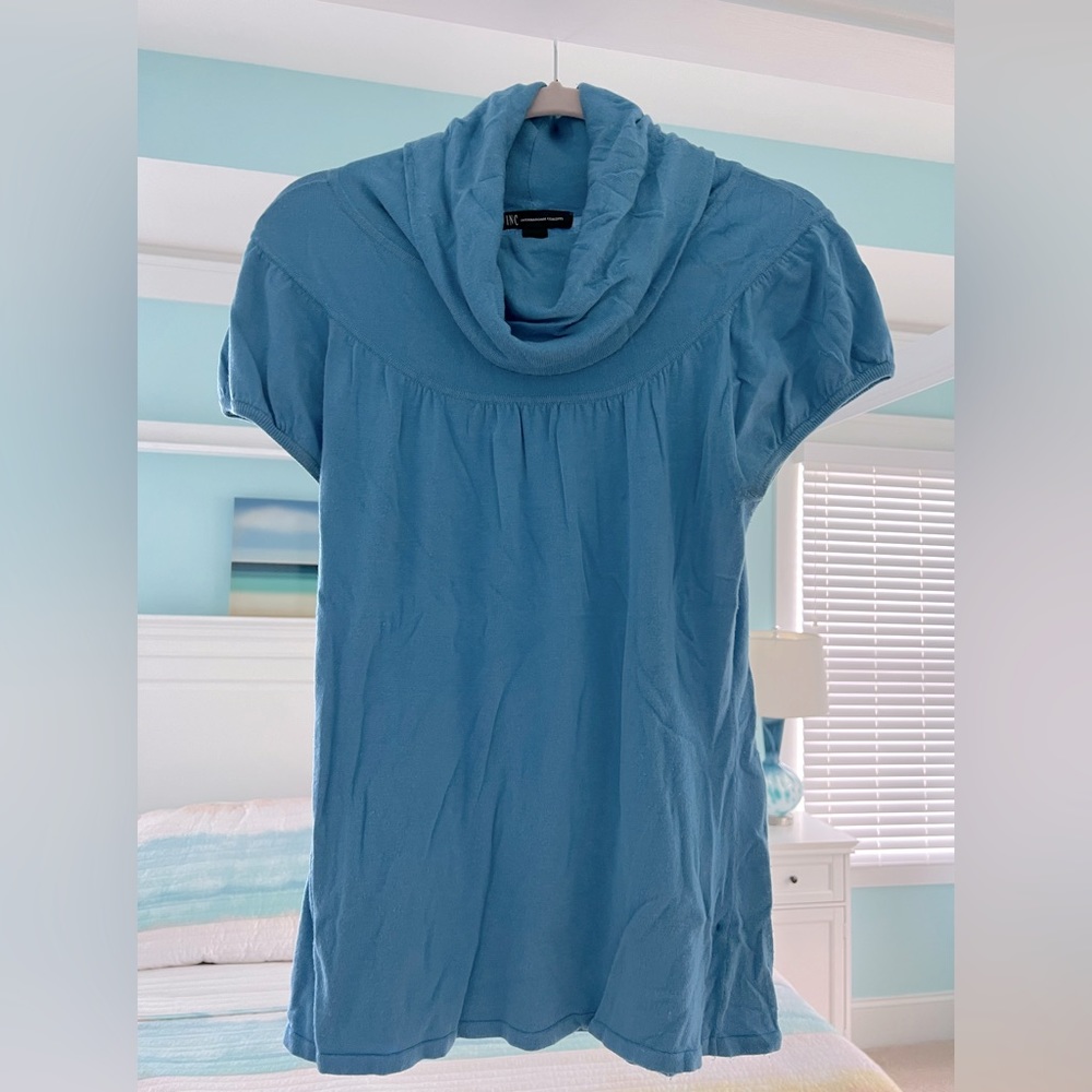 INC cowl neck, cap sleeve blue knit top size L